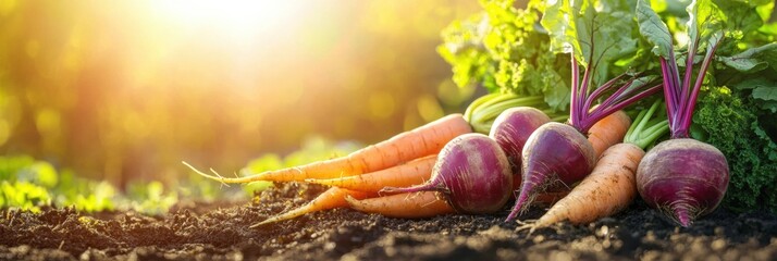 Poster - Vibrant carrots, beets, and onions are nestled in the soil, basking in warm sunlight during a beautiful late afternoon. Generative AI