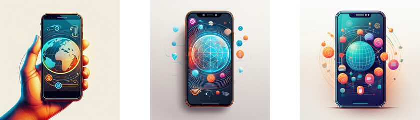Aufkleber - A hand holds a smartphone with a globe on the screen surrounded by floating colorful spheres, two other phones show similar images, one with a more stylized globe and another with even more spheres.