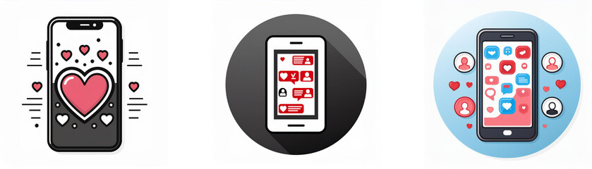 Poster - Three illustrations depict different aspects of mobile phone usage, including social media, hearts, and notifications.