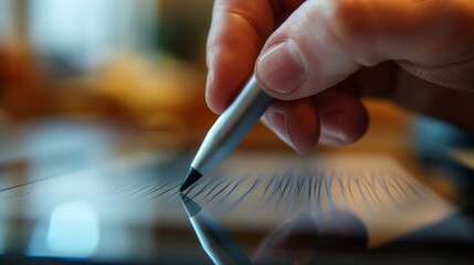 Poster - Designer skillfully uses a digital pen on a tablet, creating intricate illustrations in a creative workspace, blending technology and artistry seamlessly
