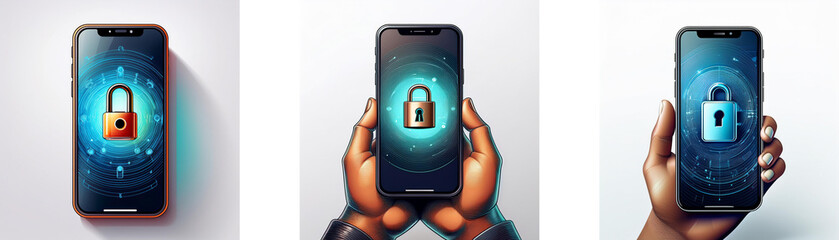 Fototapete - Three smartphones with locked screens display a padlock symbol within a glowing circle.