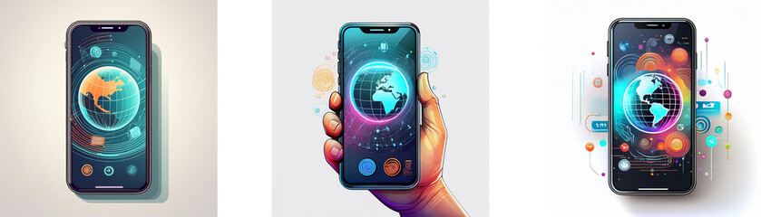 Poster - Three smartphones with various colorful designs, displaying a globe as their central theme, showcasing modern technology and digital connections.