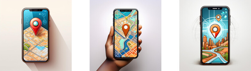 Poster - Three smartphones with maps displayed on their screen, with a pin pointing to a location.