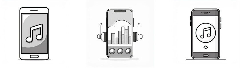 Aufkleber - Three illustrations depict the use of a mobile phone for listening to music.