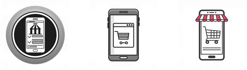 Poster - Three different depictions of a smartphone screen showing various online shopping icons.