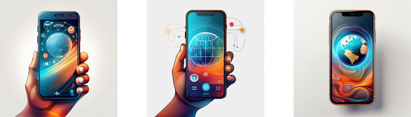 Poster - Three smartphones with vibrant, abstract backgrounds and a glowing globe, held by a hand against a white background.