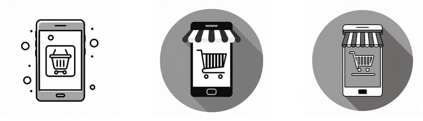 Poster - Three grayscale icons of a smartphone with a shopping cart and awning on the screen.