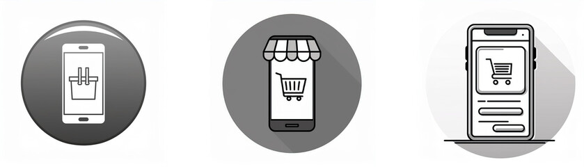 Poster - Three grayscale icons depict a smartphone with a shopping cart displayed on the screen.