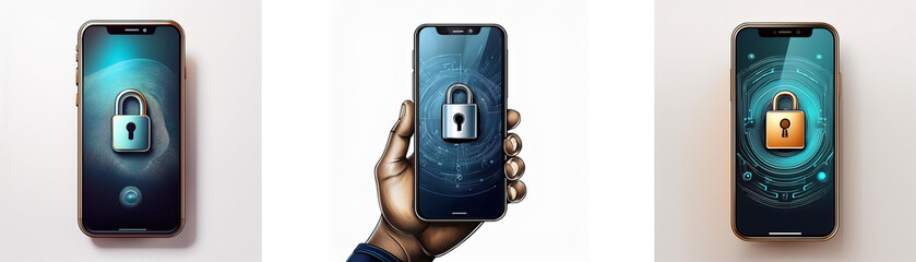Aufkleber - Three smartphones displayed on a white background, each with a padlock icon on the screen, representing the concept of digital security.