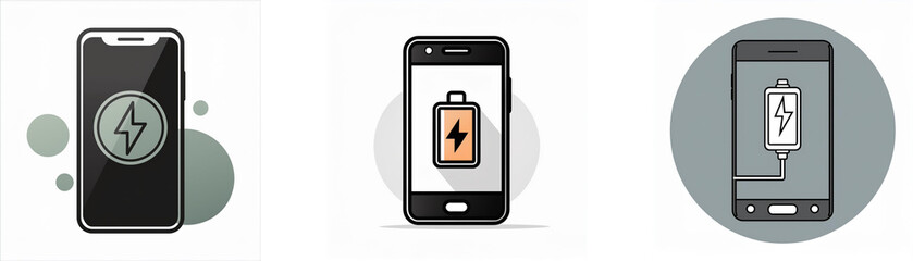 Aufkleber - Three different illustrations of smartphones with a battery and lightning bolt icons on the screen.
