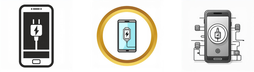 Poster - A smartphone with a charging icon on the screen, the middle image depicts a similar image encased in a golden circle, the last image shows the same charging image on a smartphone connected to many var