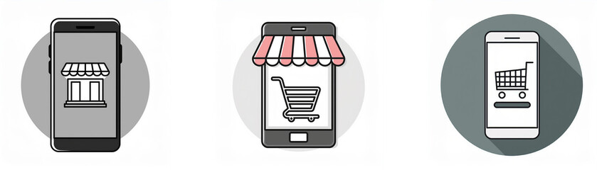 Poster - Three smartphone icons depict online shopping with a storefront, a shopping cart, and a shopping cart with a long shadow.