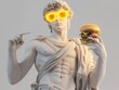 © Olha Yavorska - Ancient Greek statue portrait, wearing neon dark sunglasses with visible pupils, holding a juicy, appetizing burger in his hand with yellow neon light around the burger