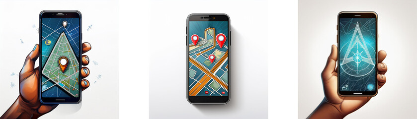 Fototapete - Three illustrations of a hand holding a smartphone showing different app screens.