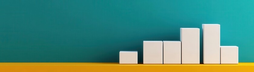Poster - A minimalistic composition featuring stacked white blocks against a teal background and yellow base, symbolizing growth or data representation.