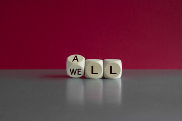 All is well symbol. Turned a cube with words all well. Beautiful grey table, red background. Business, motivational and all is well concept.