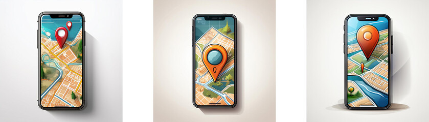 Poster - Three smartphones with maps on the screen and a location pin