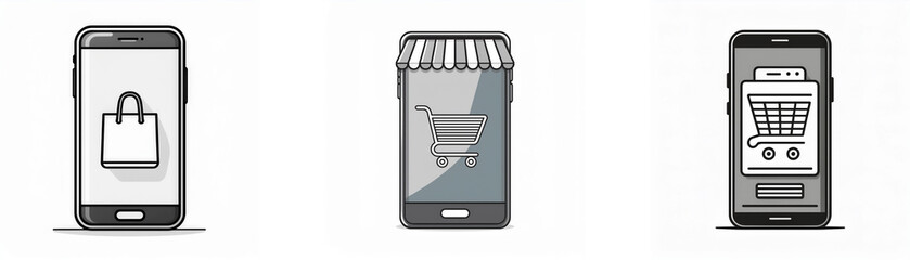 Poster - Three mobile phones with shopping icons.