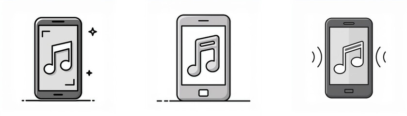 Poster - Three smartphones in a row, the first with a music note icon on the screen, the second with the same icon, and the third with sound waves emanating from the phone.
