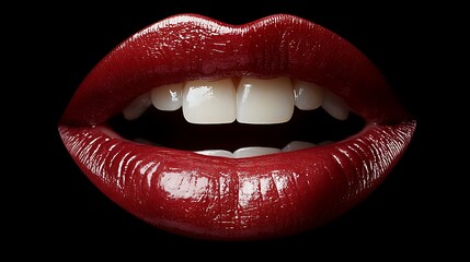 Glossy red lips smile brightly capturing attention with their alluring charm and vibrancy in a striking contrast against the dark background