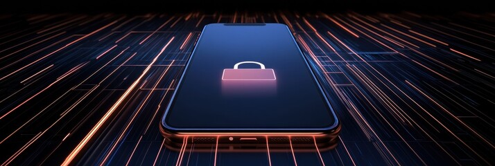 Aufkleber - The smartphone screen shows a lock icon, symbolizing security amidst a high-tech digital environment at night. Generative AI