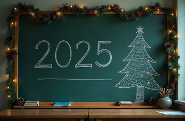 on the blackboard in the classroom the numbers 2025 are written in chalk and a christmas tree is dra