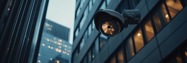 Poster - Surveillance cameras are positioned on a modern office building, monitoring the surroundings at dusk in a busy metropolitan area. Generative AI
