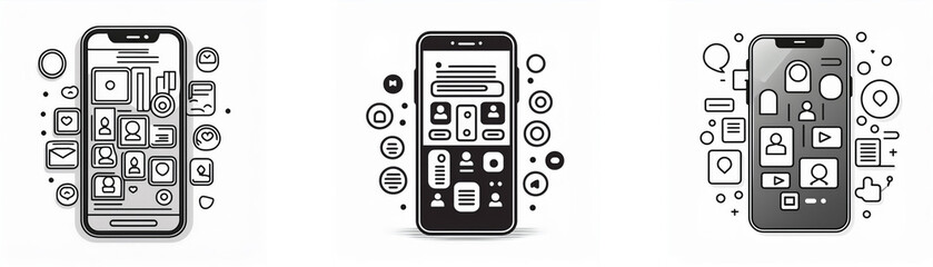 Poster - Three different smartphones are depicted in a minimalist style with various app icons surrounding them.