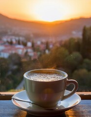 Un cremoso café  en un precio atardecer a traves de la ventana