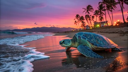 a turtle on the beach in the evening