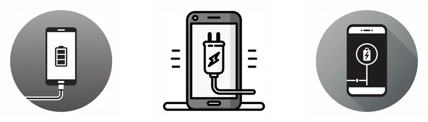 Leinwandbilder - Three icons depicting a smartphone with a battery icon, a smartphone connected to a charger, and a smartphone with a lock icon.