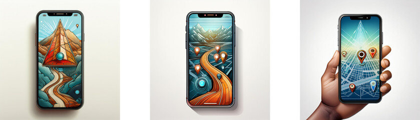 Aufkleber - Three smartphones display different landscape scenes with winding roads and landmarks.