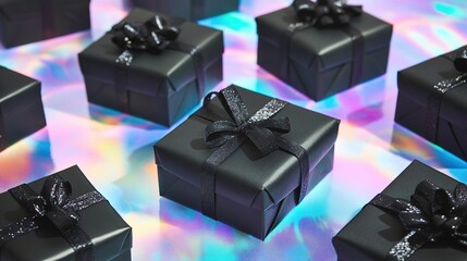 Wall Mural - Black gift boxes with shimmering colorful lights.