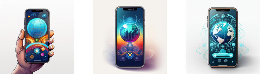 Poster - A hand holds a smartphone displaying an abstract globe on the screen. The background is white.