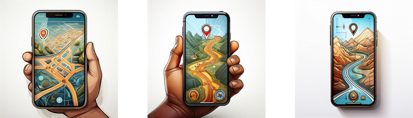 Fototapete - Three hands hold smartphones displaying maps with different landscapes.