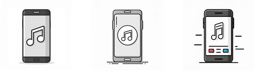 Fototapete - Three simple flat illustrations of a smartphone with a music note icon on the screen.