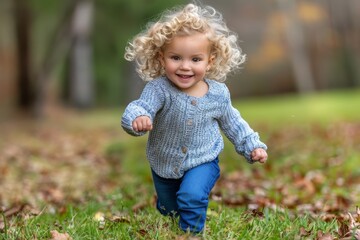 A joyful toddler with curly hair running happily through an autumn park filled with fallen leaves in soft afternoon light