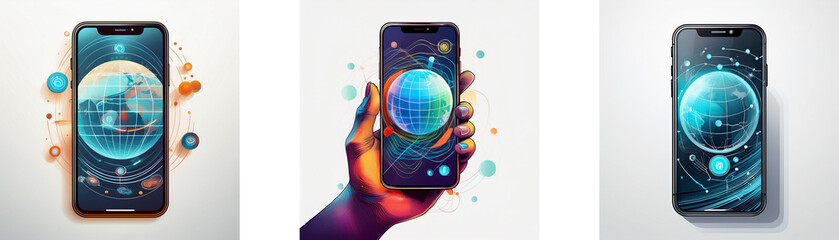 Aufkleber - Three images of a smartphone displaying a globe and digital connections.