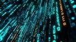 © Prapan - a digital binary code matrix with glowing green and blue binary digits cascading down in a 3D environment,