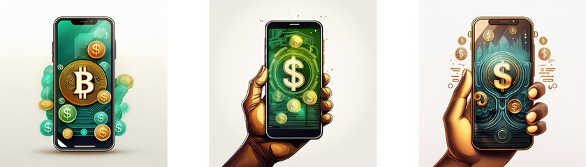 Poster - Three smartphones with different currencies on the screen held by hands on a white background.