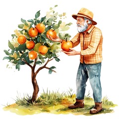 Wall Mural - Senior Farmer Picking Oranges From a Tree.