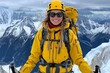 © denklim - A climber in yellow gear enjoys the breathtaking mountain view at high altitude during a sunny day in the Alps