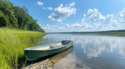  A serene canoe floating on a tranquil river surrounded by lush greenery and blue skies
