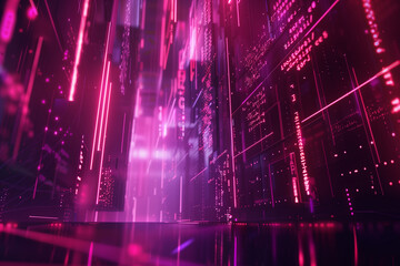 Abstract tech background featuring floating 3D data charts, dynamic coding scripts, and holographic lines, conveying a futuristic aesthetic.