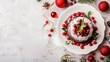 © Lasvu - Festive fruitcake and pudding displayed on a white plate with space for text.