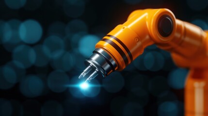 A vibrant, close-up of an orange robotic arm nozzle emitting a blue light, set against a blurred background with a futuristic feel.