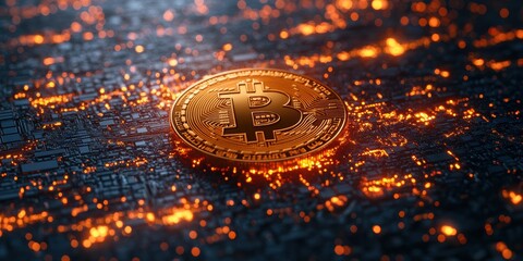 Poster - Cryptocurrency Trading Flourishes as a Shiny Bitcoin Shines Amidst Scattered Digital Coins on a Blockchain Background