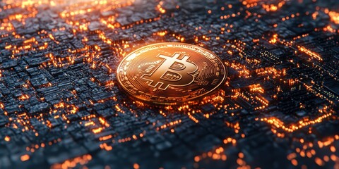 Poster - Cryptocurrency Transforms Trading With Shiny Bitcoin Amidst Scattered Digital Coins on Blockchain Background