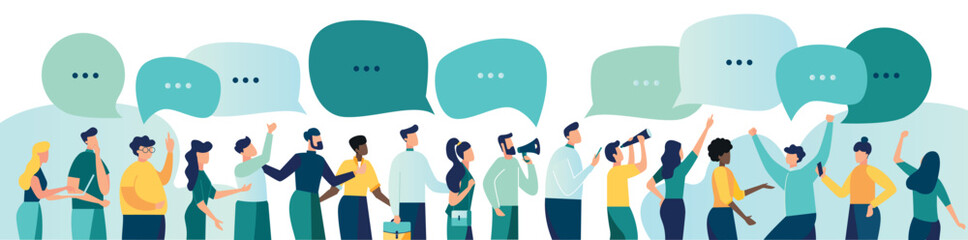 group people with bubble Discussion, conversation with speech bubbles. illustration brainstorming for idea, meeting opinion concept, discussing work in meeting and talk with speech bubbles businesses
