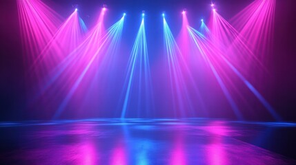 Poster - Illustration of a neon stage with bright pink and blue lights cascading from above. Illuminates dark backgrounds and reflects shadows on shadows.